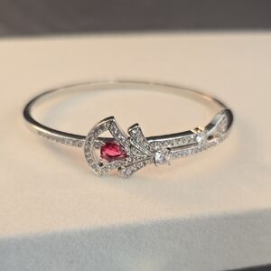 Elegant Silver and Red Gemstone Bangle Bracelet Gold Filled 7.5"